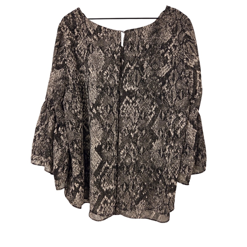 Jennifer Lopez Snakeskin Print Blouse Top Bell Sleeves Sheer Black Gray‎ XL